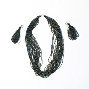 Set of statement necklace and earrings boho black green forest waterfall beaded